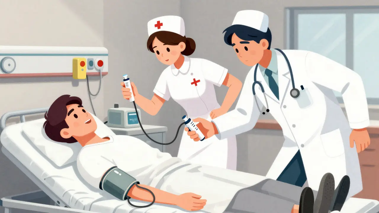 Medical team responding to emergency, preparing epinephrine injection