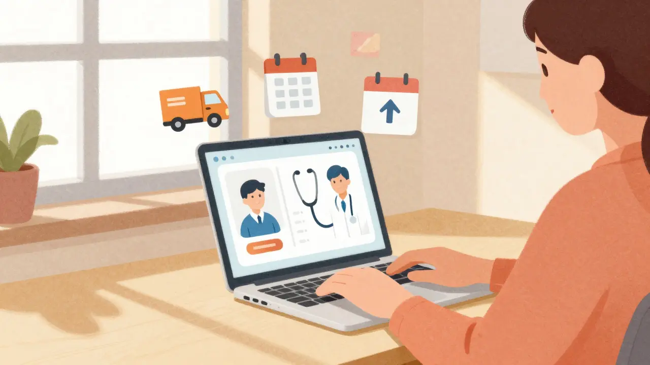 Person ordering medication online with icons for shipping and telehealth services.