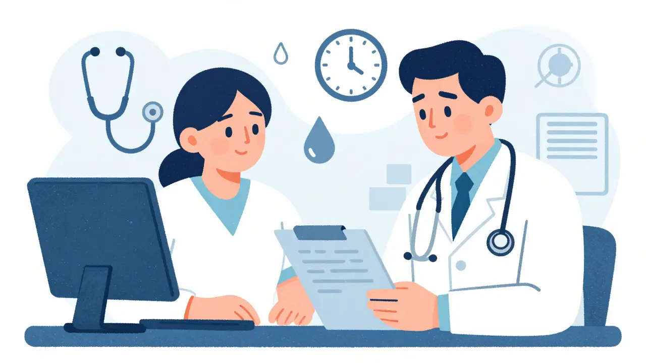Pharmacist and doctor reviewing patient care plans for safe medication management.