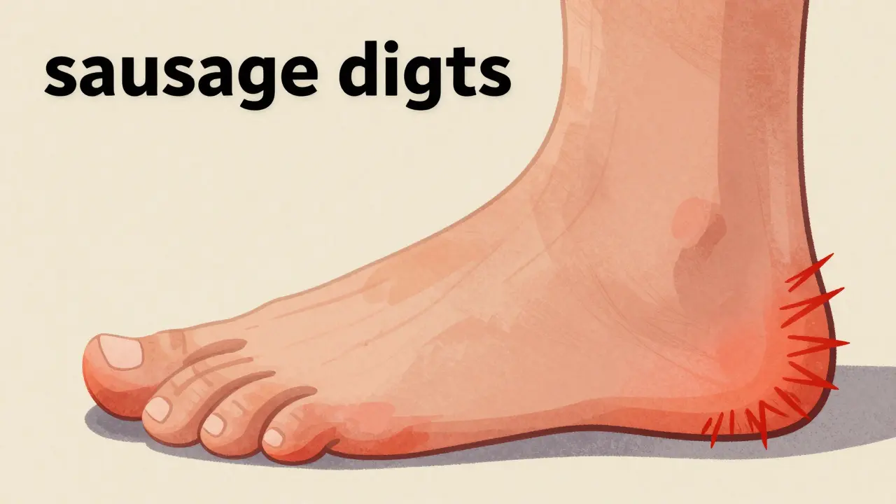 Textured art depicting swollen sausage digits and heel tendon pain