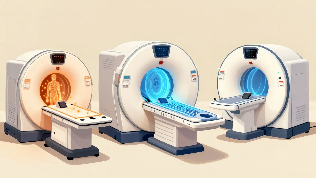 Three medical scanners showing PET-CT, MRI, and hybrid imaging differences