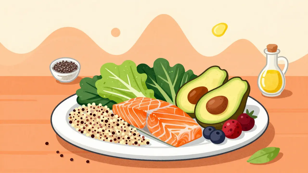 Balanced plate of PCOS-friendly foods promoting metabolic harmony and stable blood sugar
