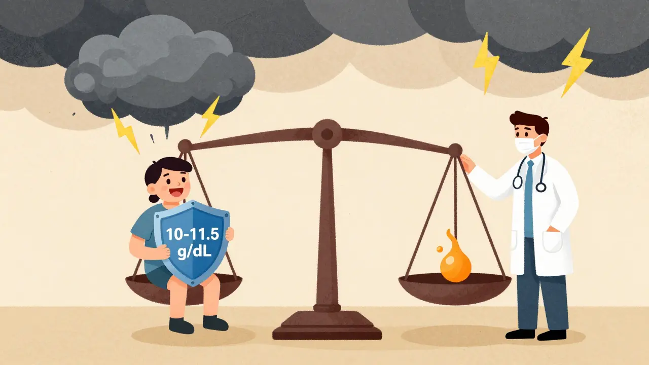 Balanced scale showing safe hemoglobin levels protecting against health risks
