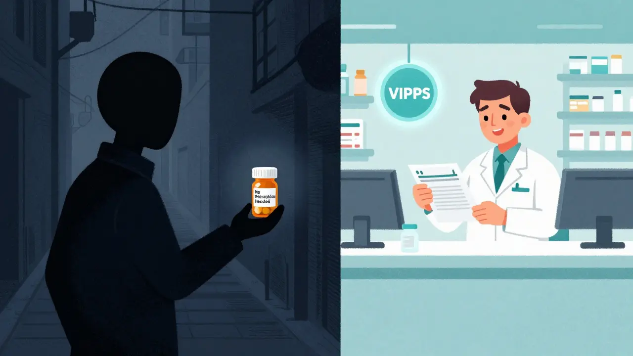 Contrast between shady illegal pharmacy seller and legitimate verified pharmacist