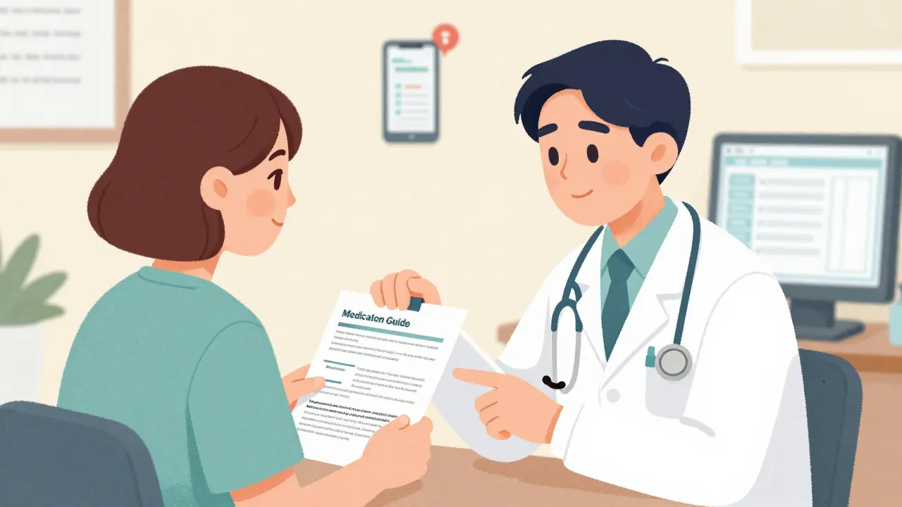 Doctor and patient discussing medication guide together
