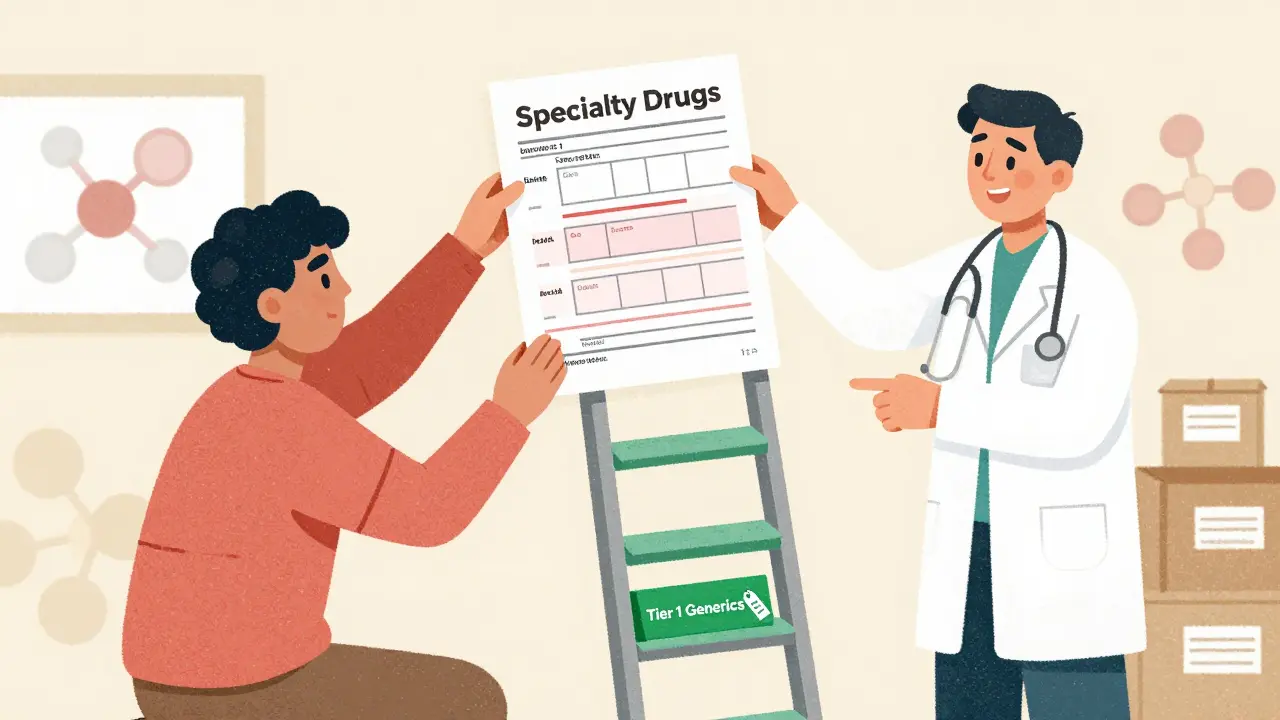 Doctor helping patient choose low-cost Tier 1 generic medications