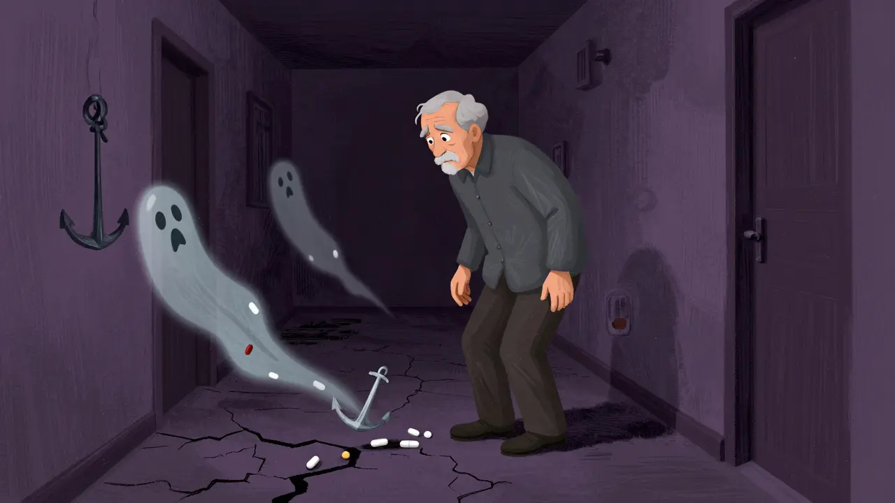 Elderly person unsteady among floating pill anchors in hall