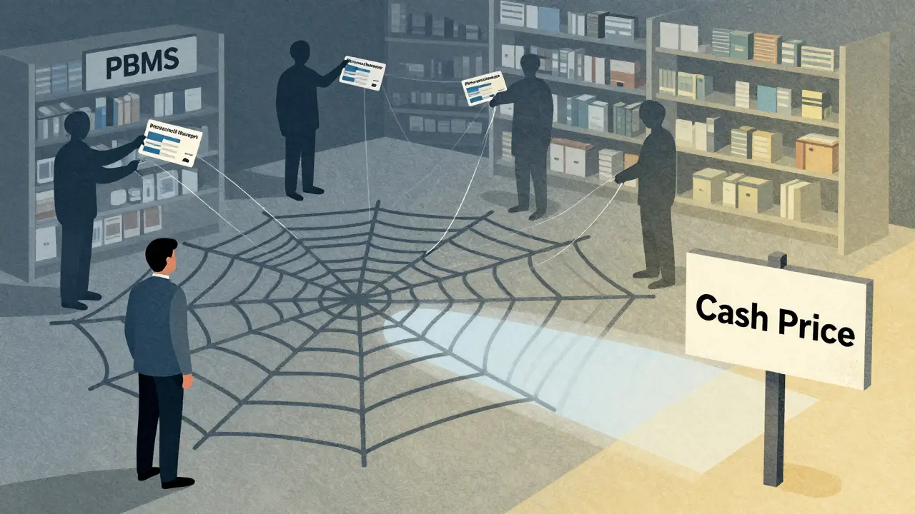 Illustration of PBMs as a tangled web hiding true drug costs from patients