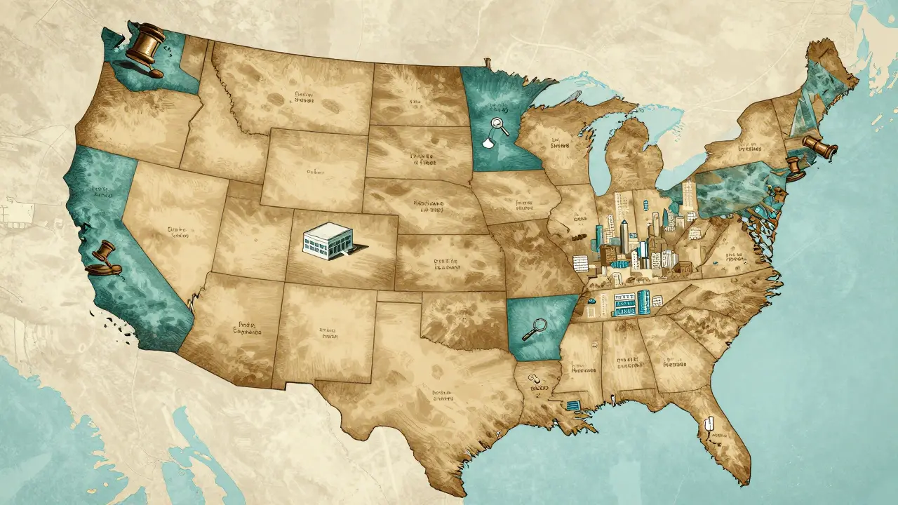 Map illustration comparing rural vs urban pharmacy competition and pricing