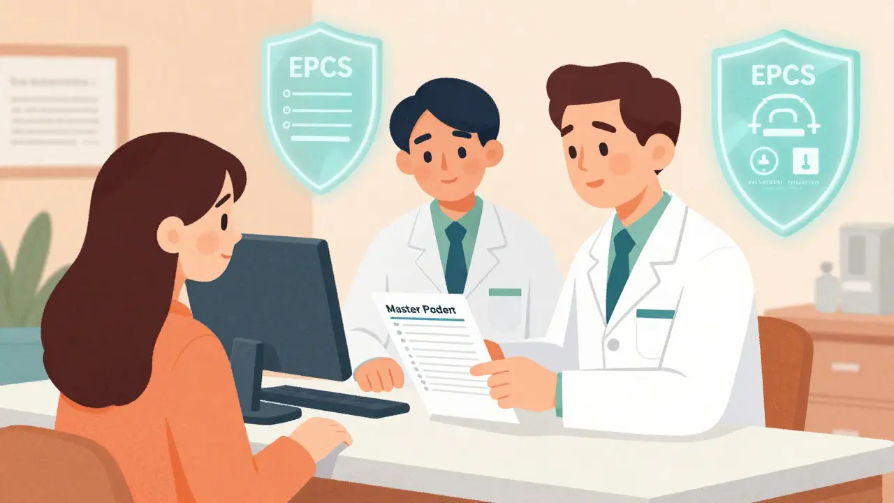 Pharmacist and patient reviewing meds with digital safety shield