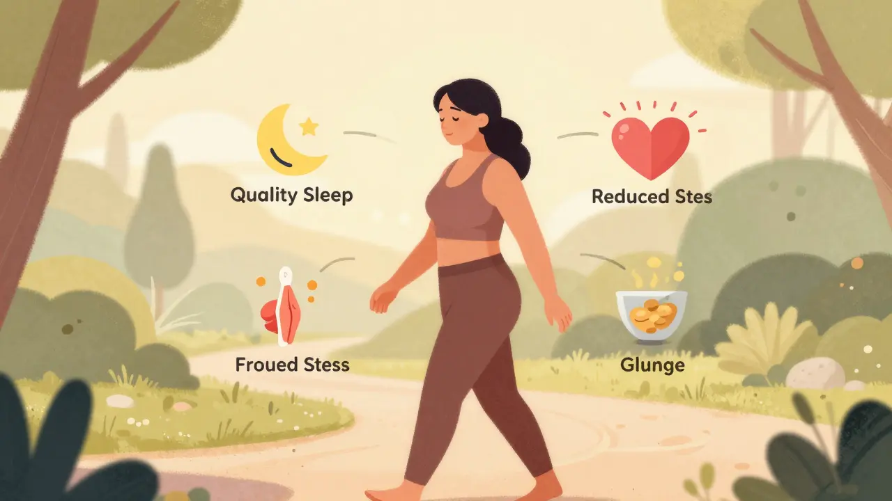 Serene woman walking outdoors, symbolizing holistic PCOS management and wellness