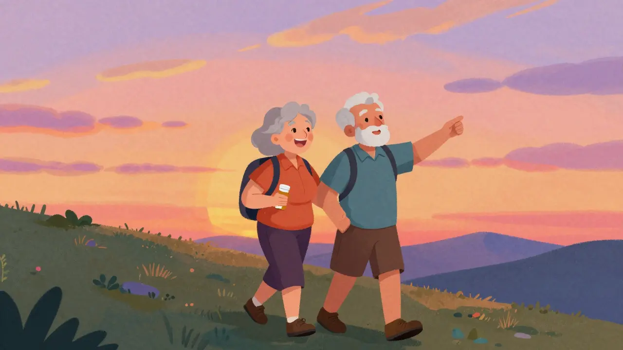 Active couple hiking happily at sunset