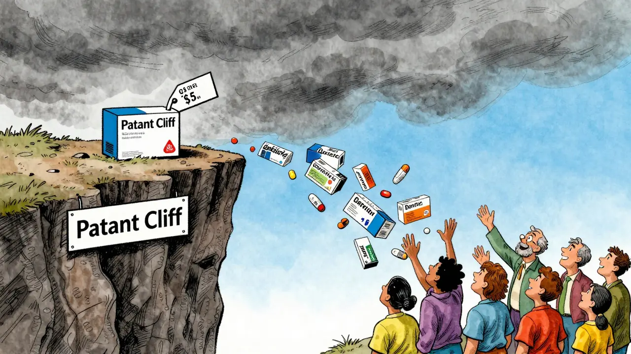 Cliff metaphor illustrating the drop in drug prices after patent expiry