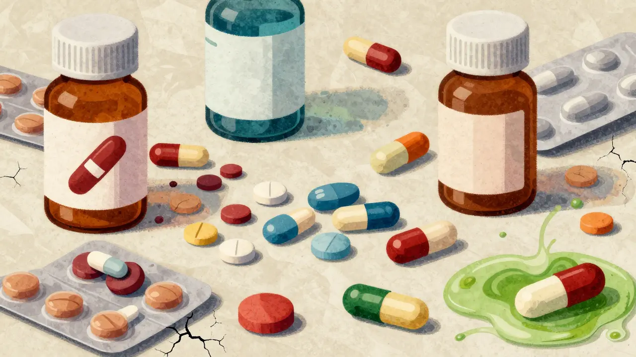 Collage of pills and capsules on textured paper background