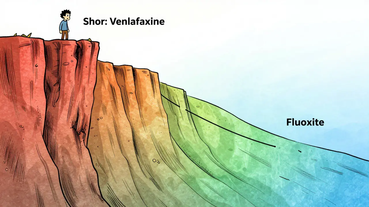 Conceptual art comparing steep vs gentle slopes representing drug half-lives.