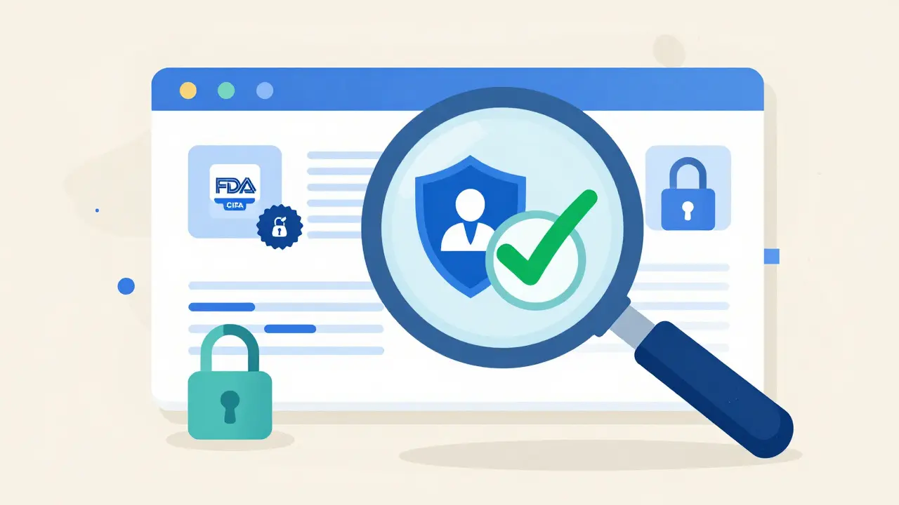 Conceptual art showing verification shields and locks for safe online pharmacies