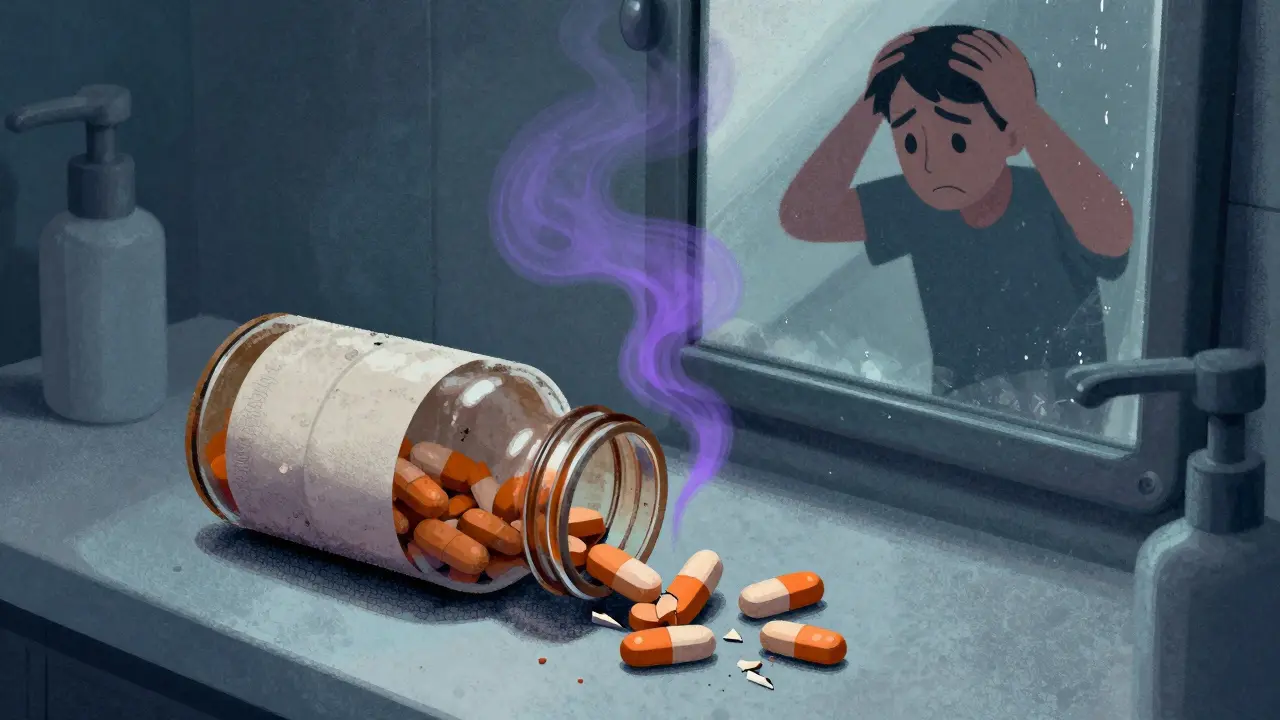Decaying expired medicine bottle emitting ominous smoke on counter