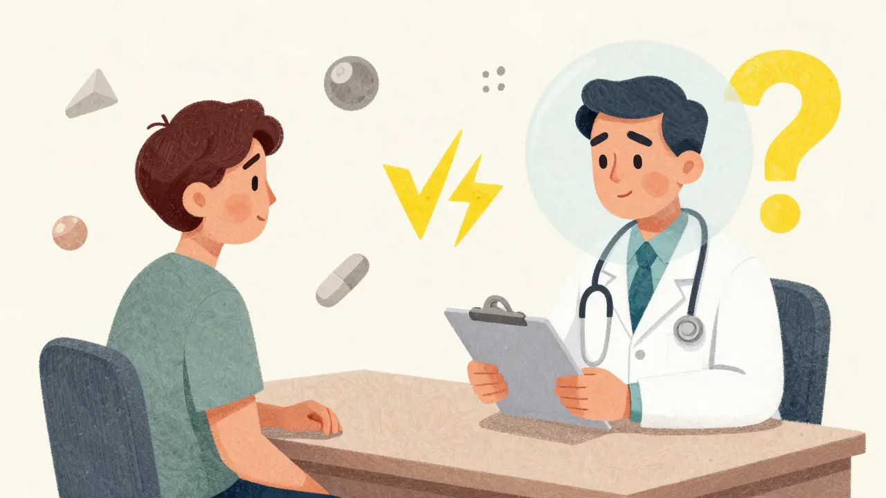 Doctor and patient discussing medication safety with caution symbols