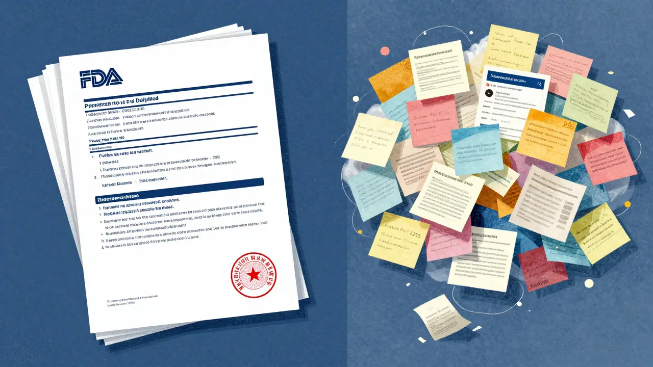 Illustration contrasting organized official documents with chaotic online search results.