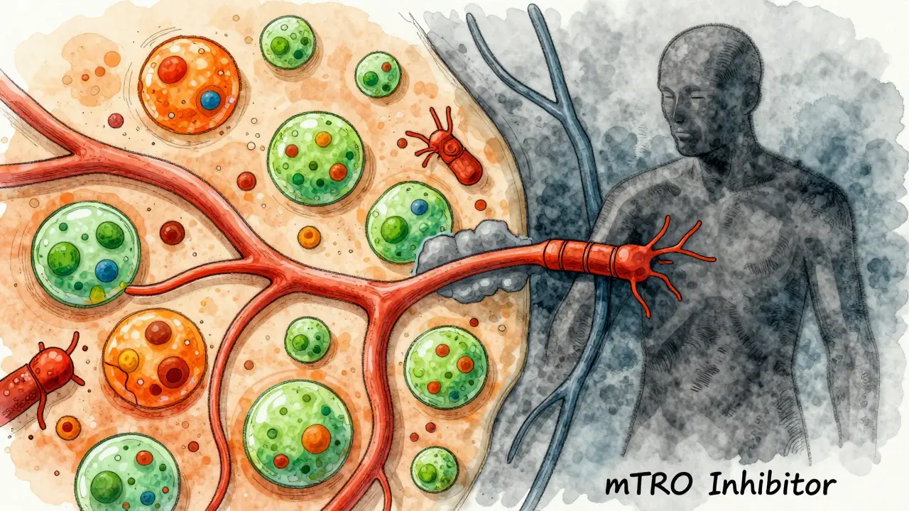 Illustration of mTOR inhibitor blocking cell growth and healing