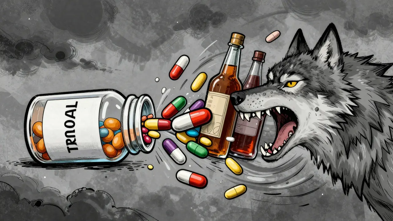 Illustration of pills mixing in a stormy vortex representing drug risks