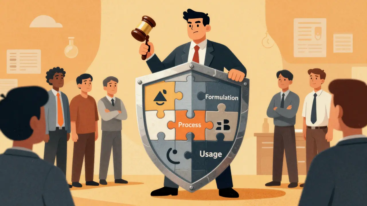 Layered shield representing complex pharmaceutical patent strategies