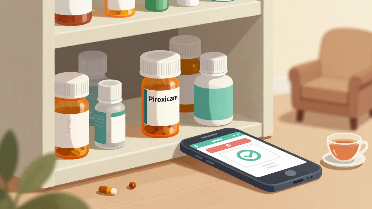 Organized medicine shelf with refill reminder on phone