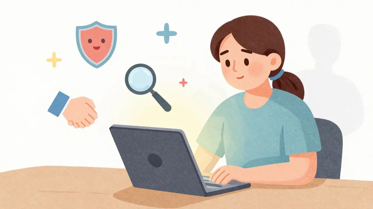 Patient reviewing health information with supportive abstract icons nearby.