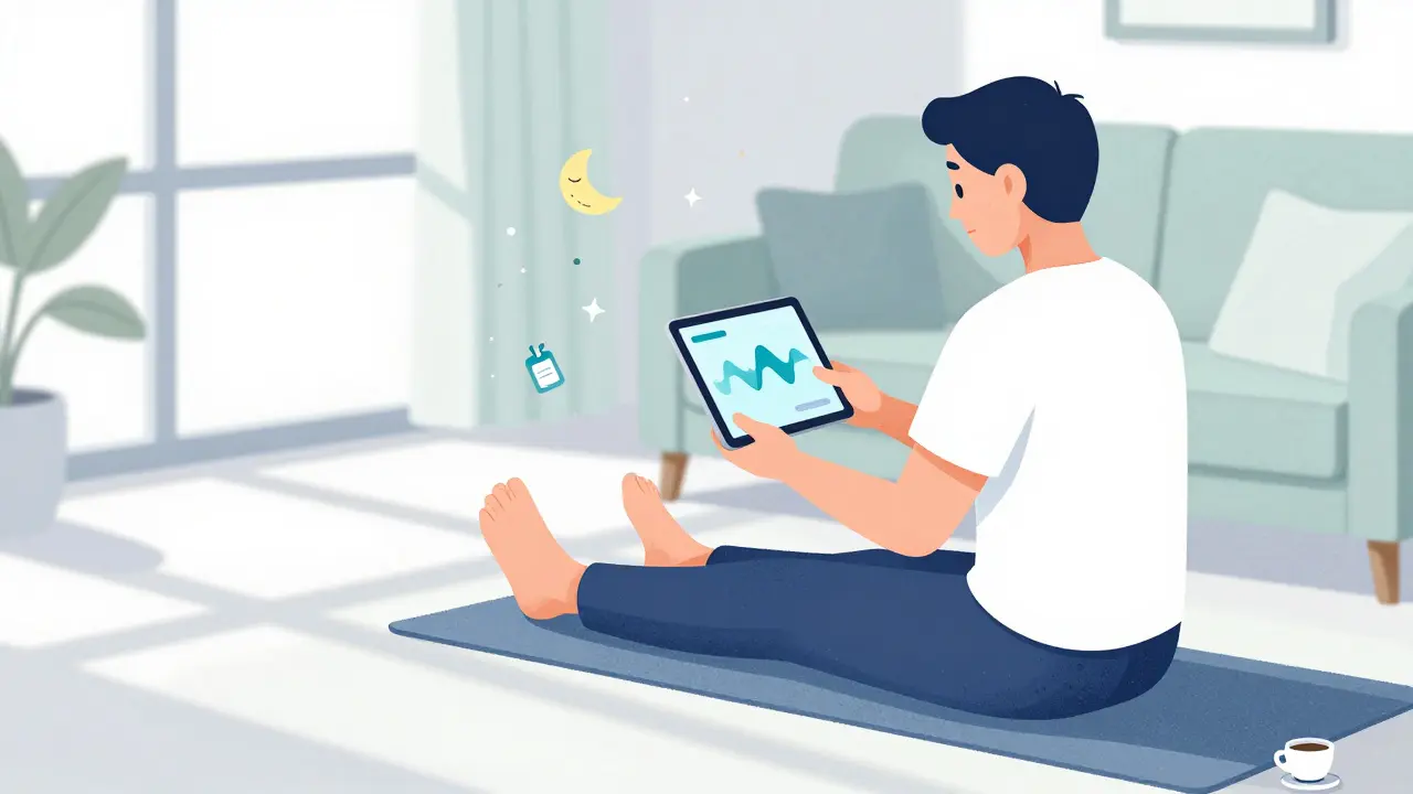 Person doing gentle stretches with tablet in sunny living room
