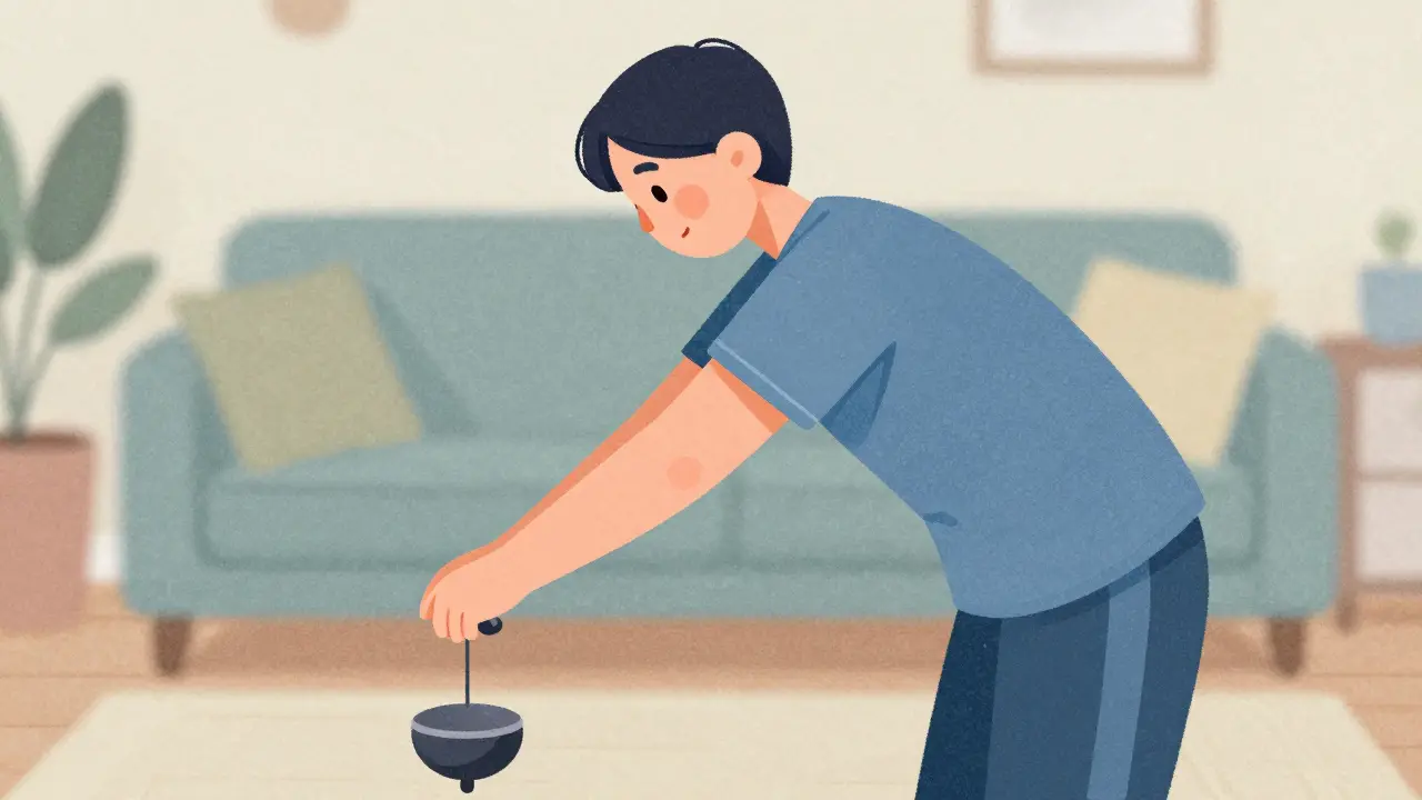 Person doing pendulum exercises for shoulder rehab in a home setting