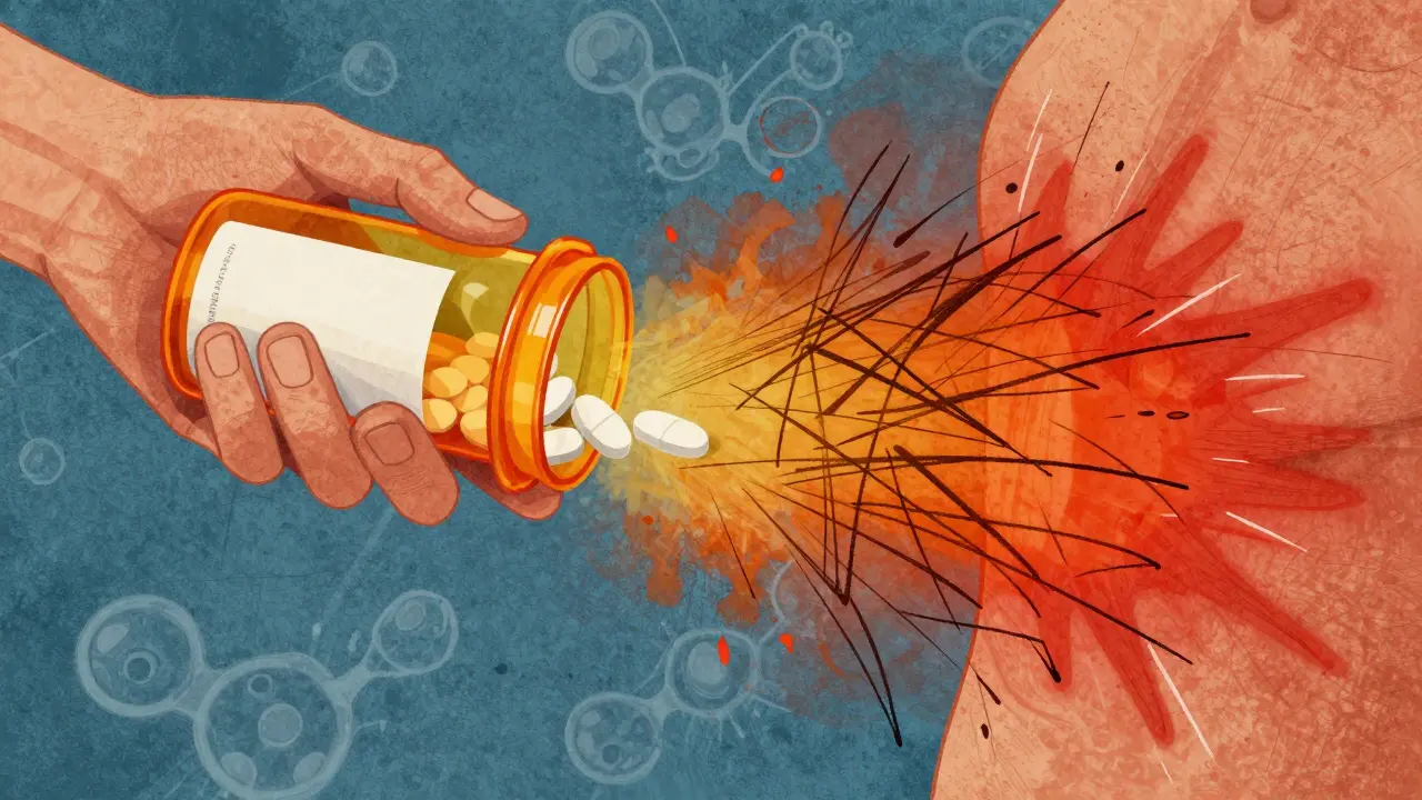 Person holding pill bottle with bursting spikes representing rebound itch
