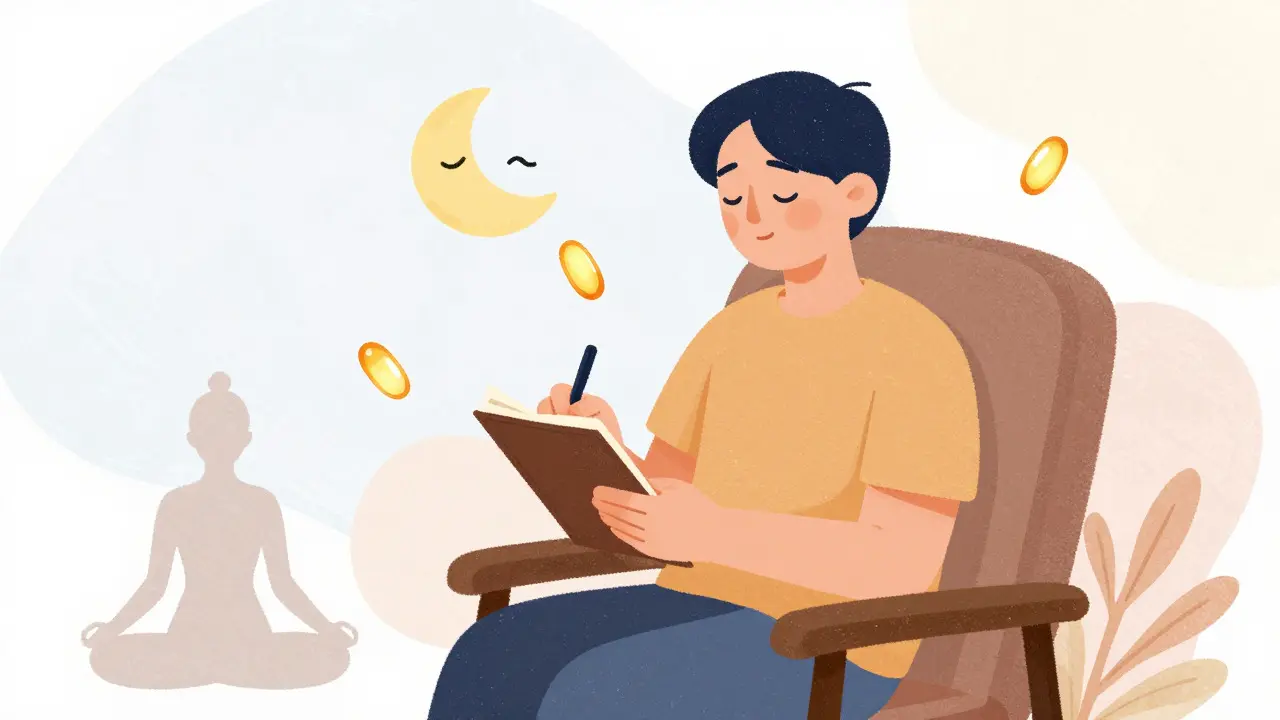 Person journaling surrounded by symbols of rest, exercise, and supplements.