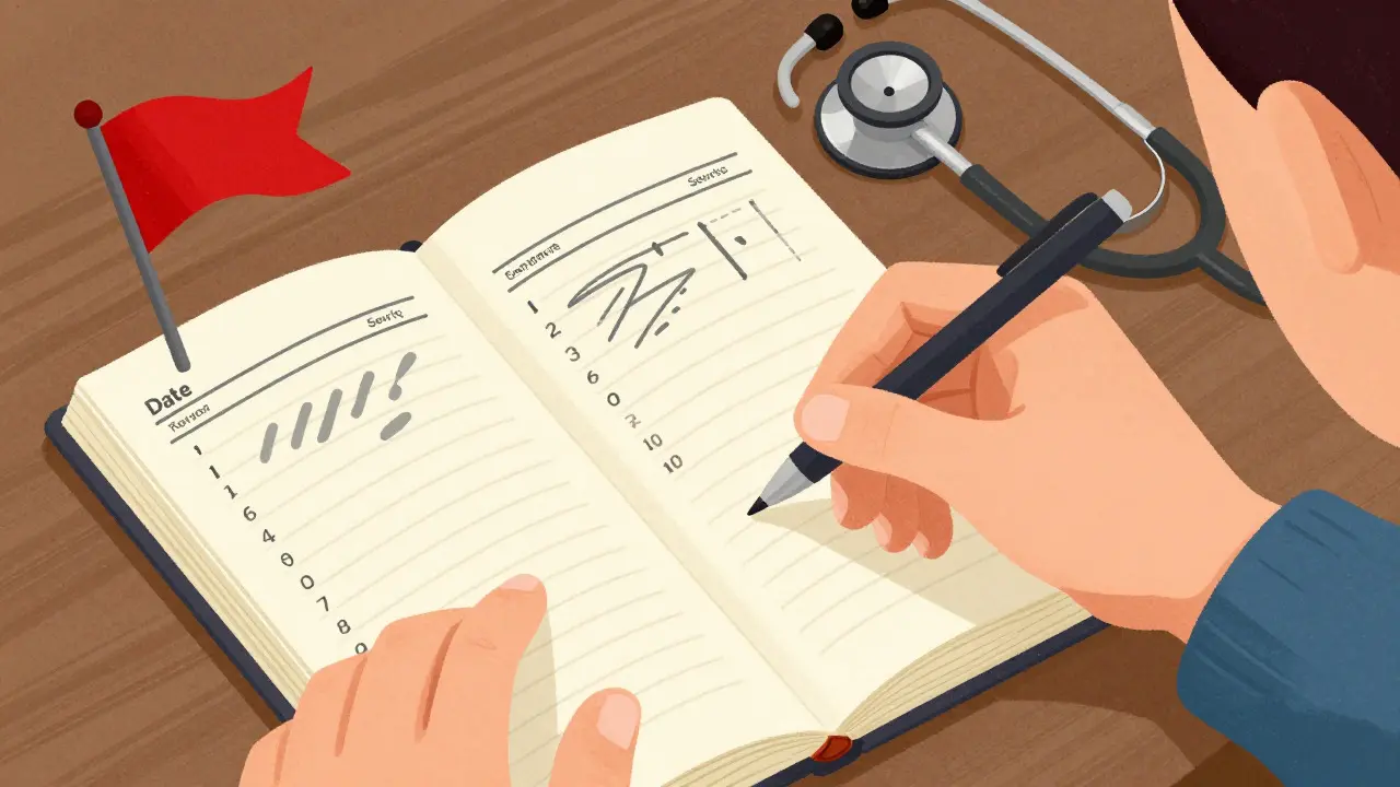 Person logging symptoms in a detailed health journal