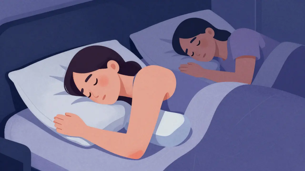 Person sleeping with pillows supporting shoulder for pain relief