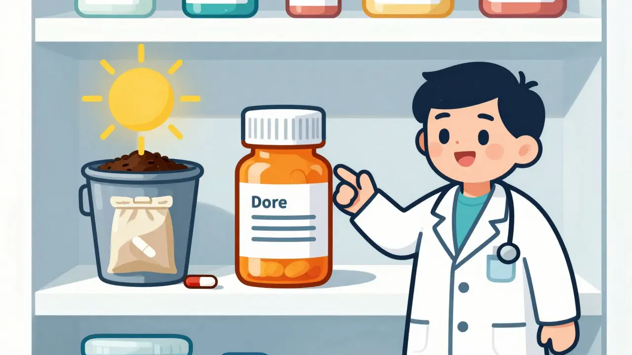 Pharmacist pointing to properly stored meds and safe disposal bin