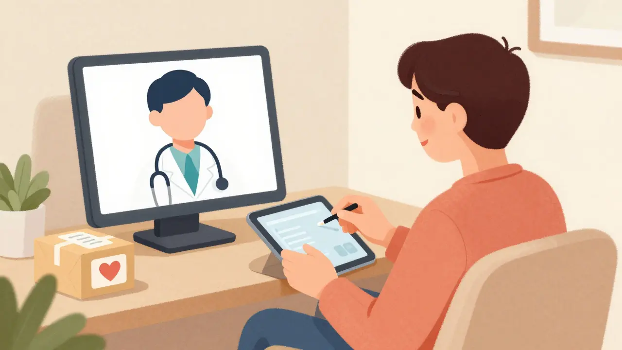 Relaxed person ordering affordable medication via tablet at home