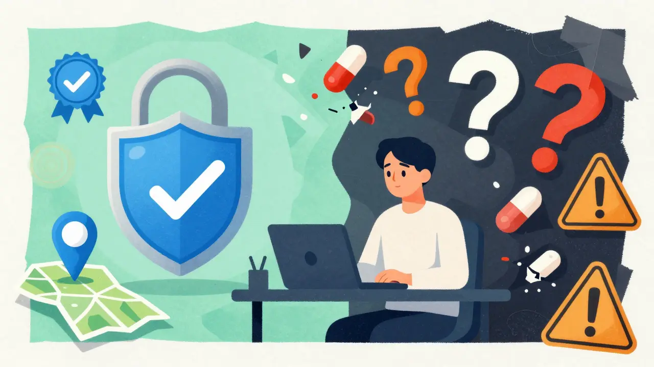 Split illustration comparing safe vs unsafe online pharmacies
