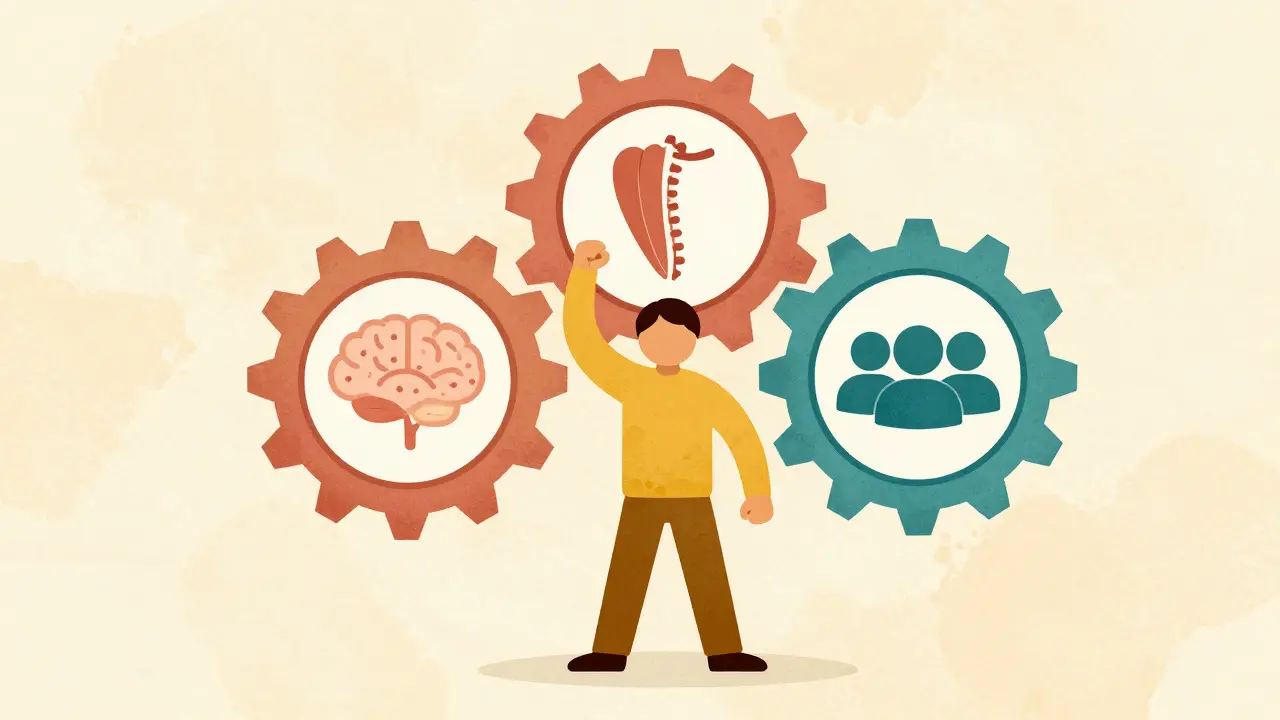 Three interlocking gears representing biopsychosocial pain model