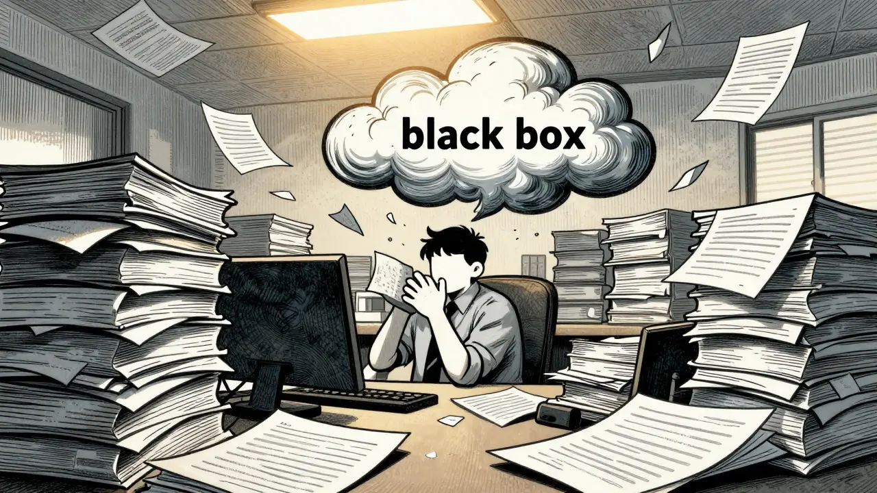 Artistic depiction of an overwhelmed worker buried in paperwork representing insurance delays