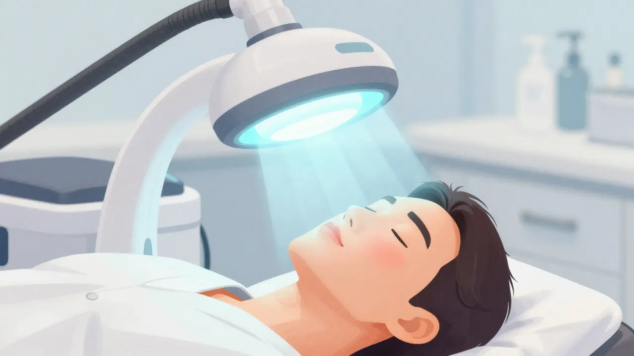Cartoon style depiction of a patient receiving light-based photodynamic therapy on their face