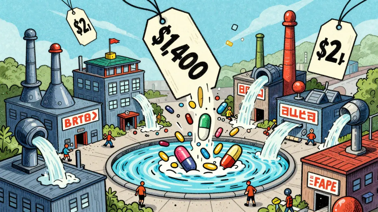 Comic-style drawing of competing factories driving generic drug prices down