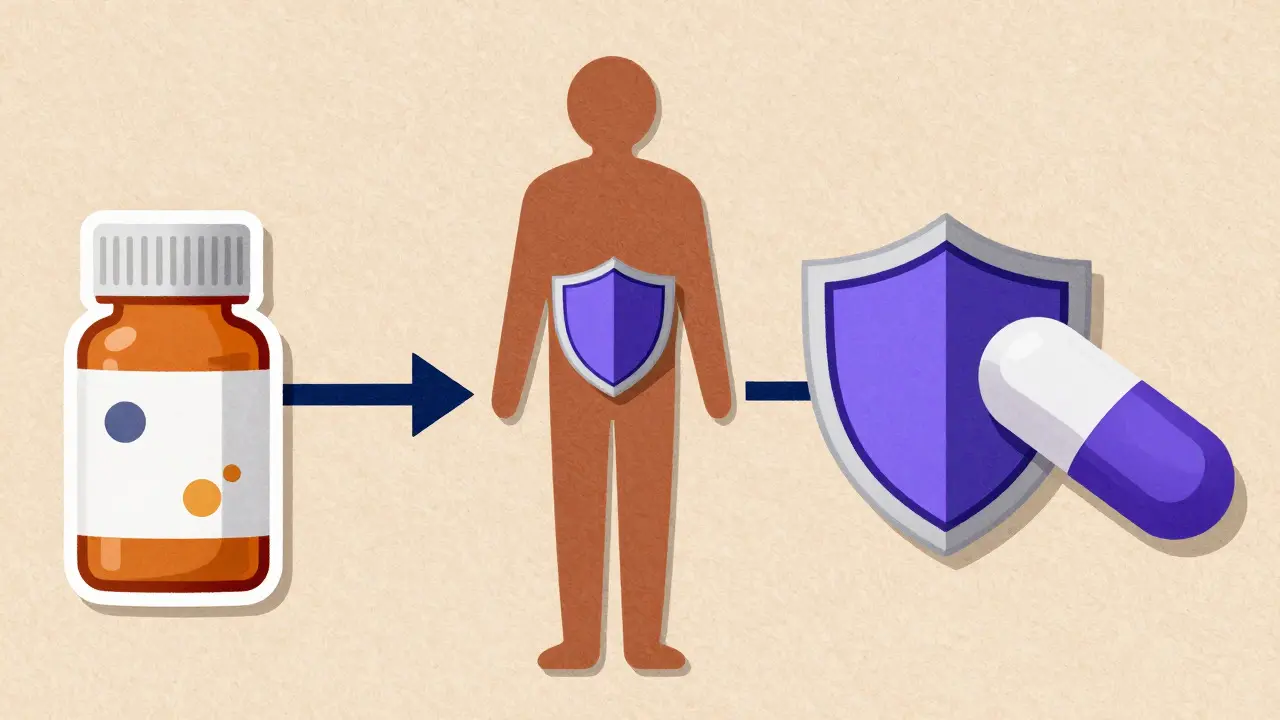 Conceptual diagram showing anti-nausea medication protecting the stomach before opioid intake
