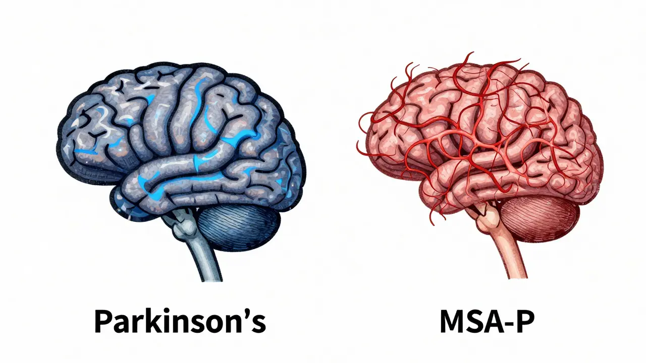 Illustrated comparison of healthy vs MSA-P brain structures