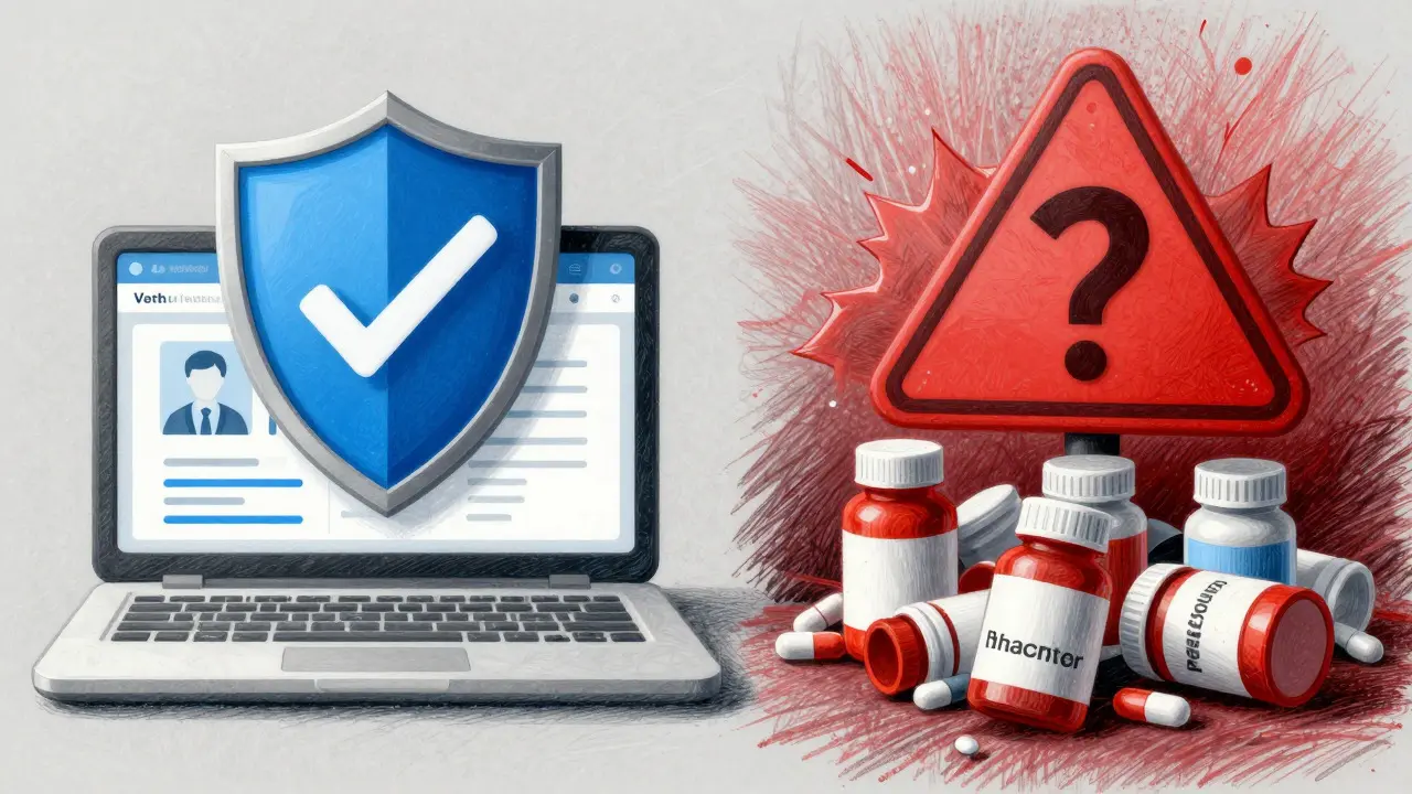 Illustration comparing safe verified pharmacy vs risky unverified sites