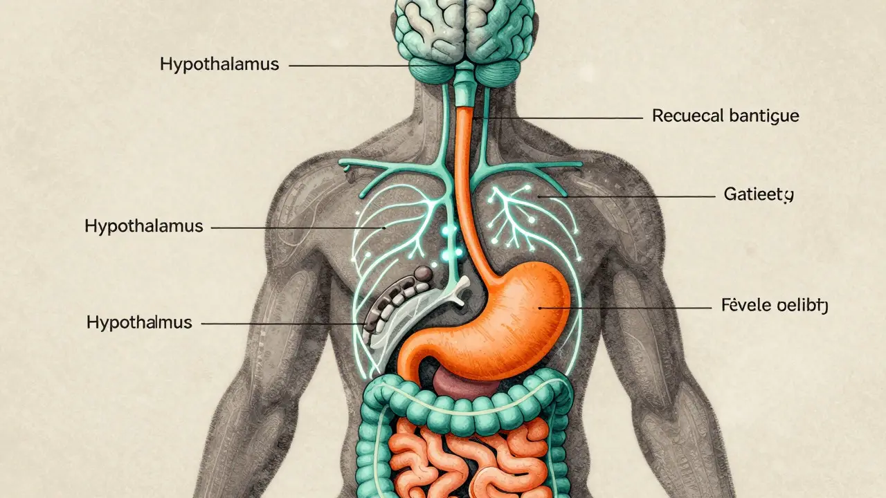 Illustration of GLP-1 drug mechanism affecting brain and gut signals