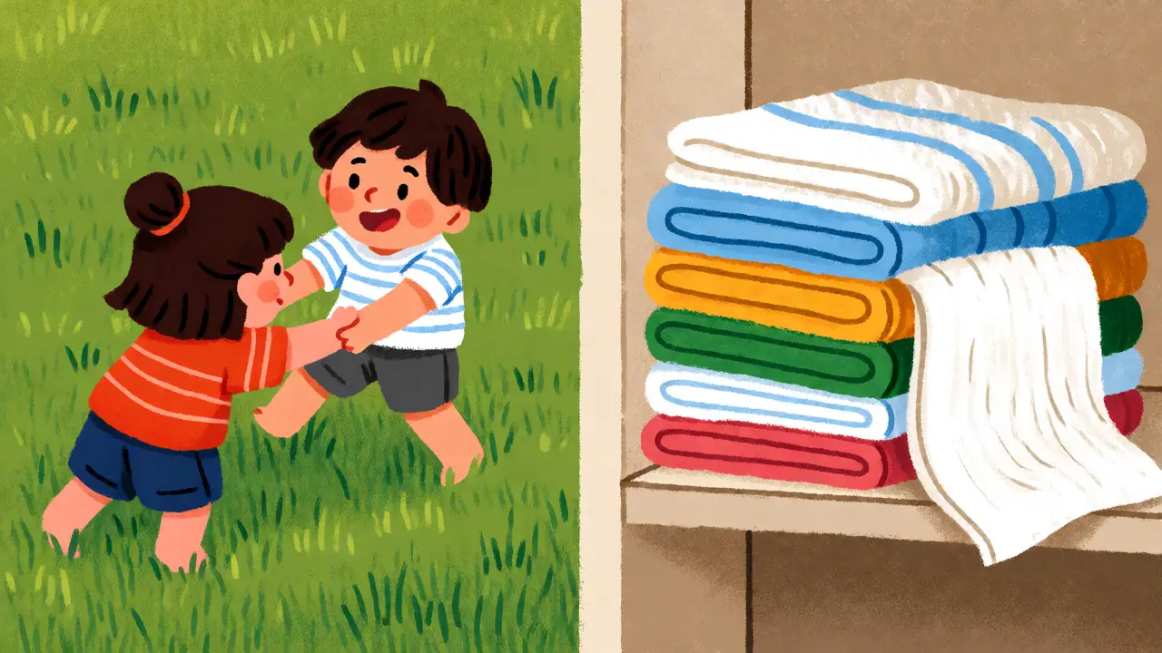 Illustration showing children playing and shared towels as sources of viral transmission.