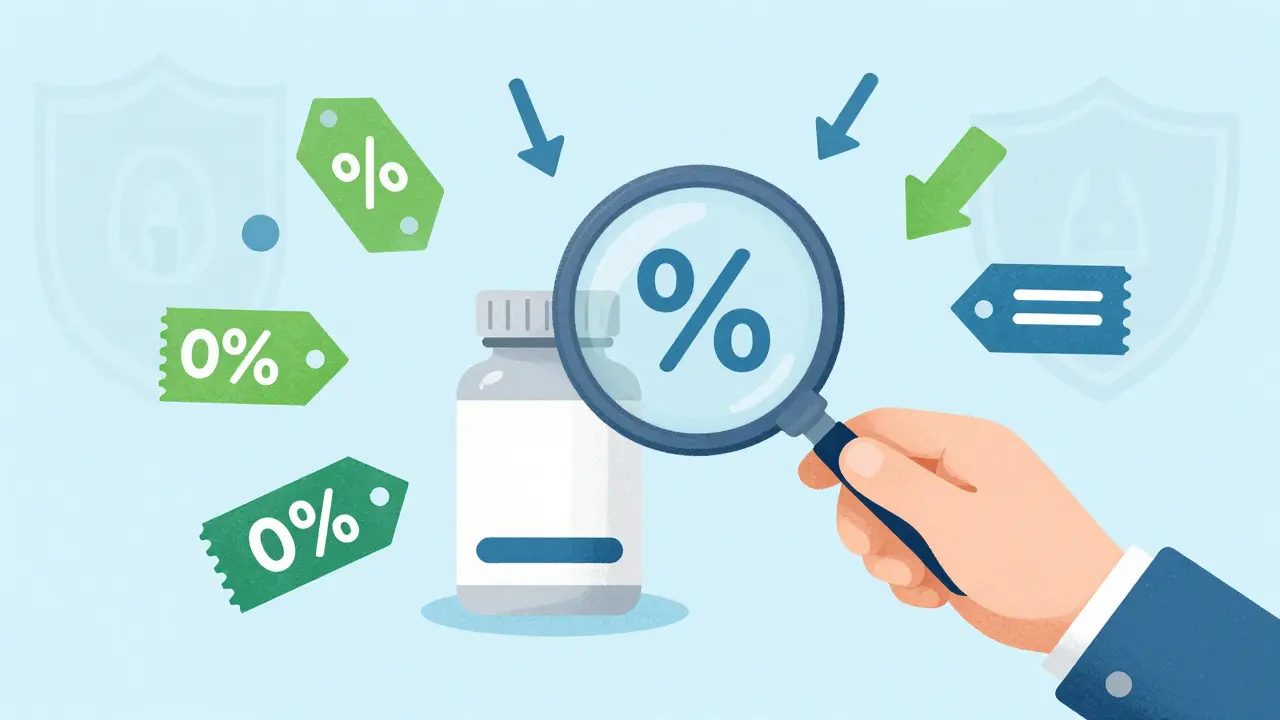 Magnifying glass inspecting a pill bottle surrounded by discount symbols