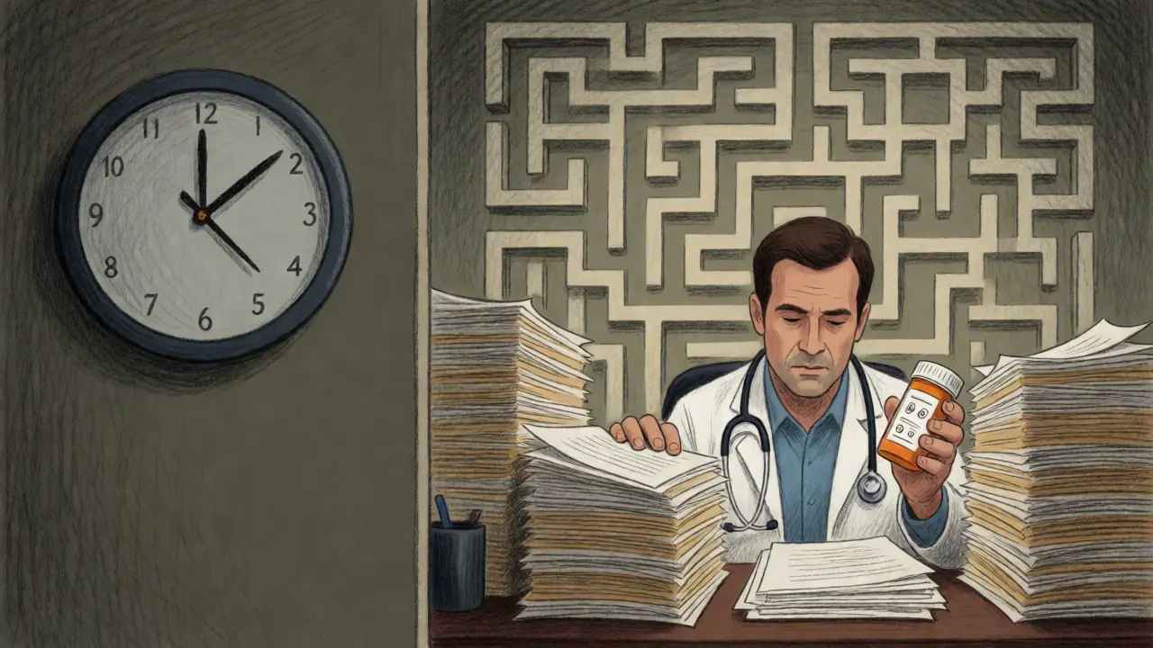 Overwhelmed doctor surrounded by paperwork representing administrative burden