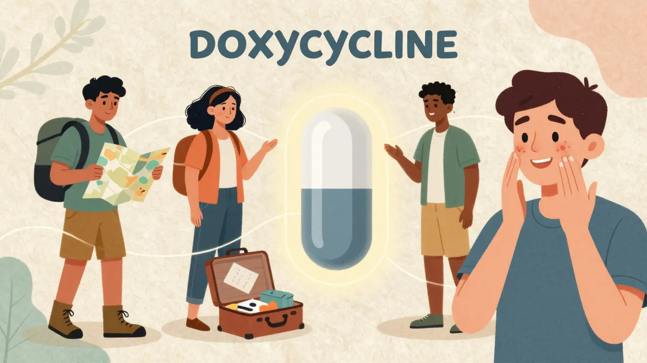 People benefiting from doxycycline for travel, hiking, and skincare