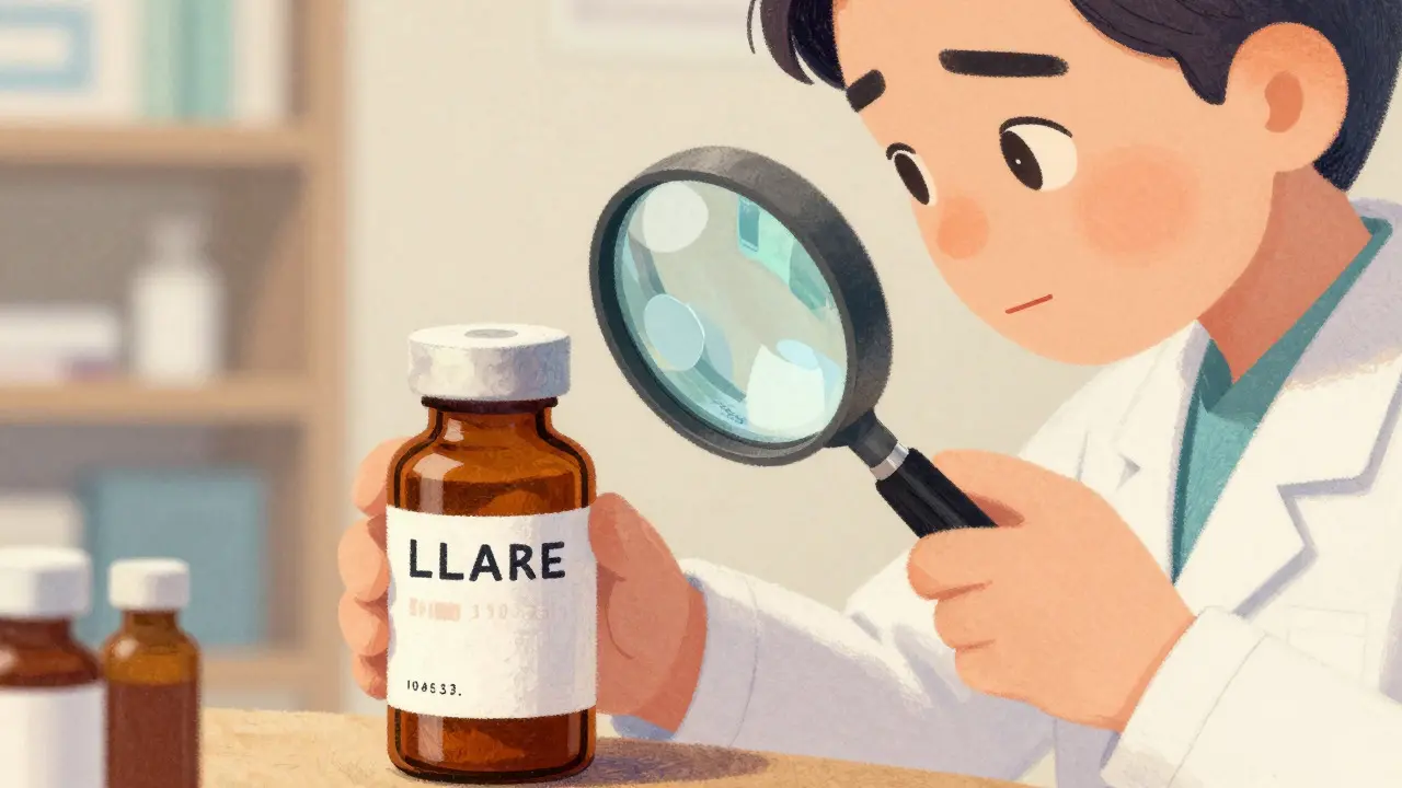 Pharmacist inspecting medication packaging with a magnifying glass